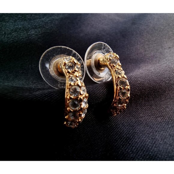 Vintage SWAROVSKI Signed Gold Tone Crystal Tiny Half Hoop Earrings - Picture 1 of 5